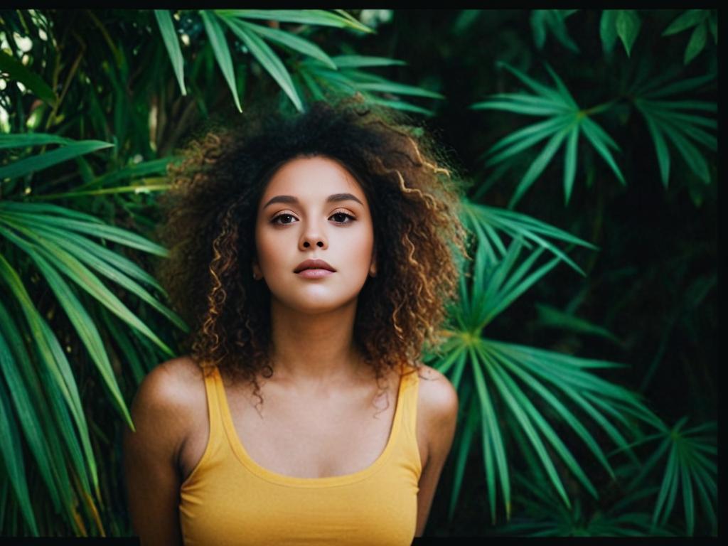 Serene Woman in Yellow Tank Top Amidst Green Foliage