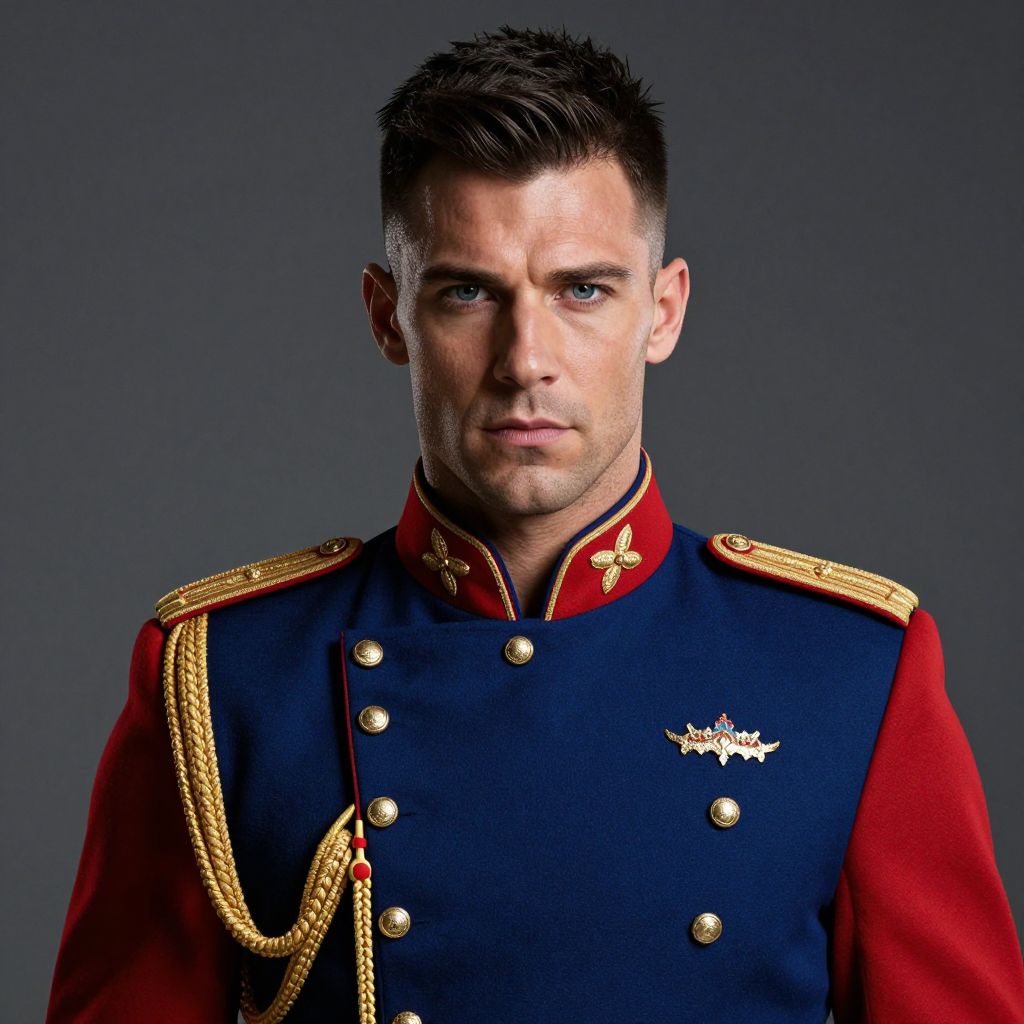 Man in Formal Military Uniform with Gold Accents and Braided Epaulettes