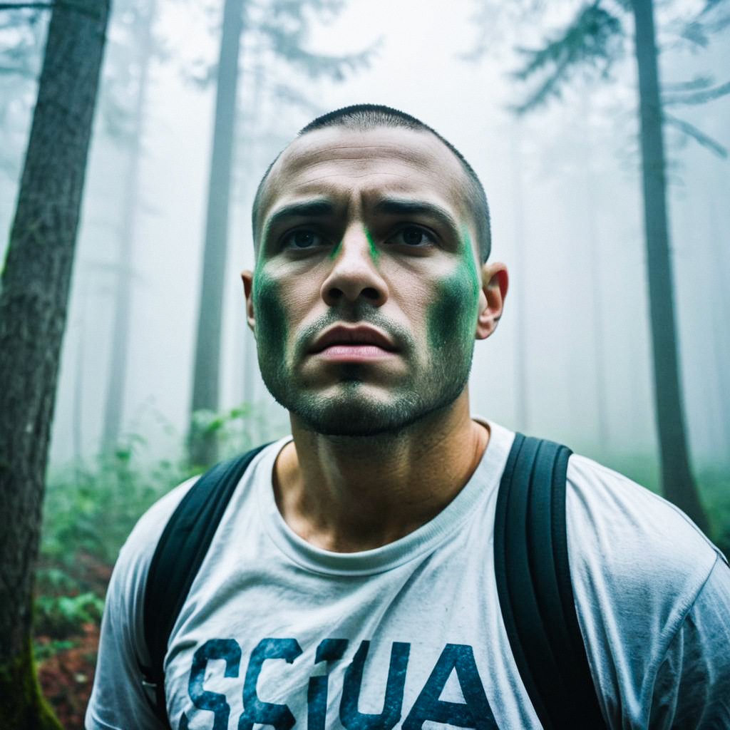 Determined Man in Camouflage in Misty Forest