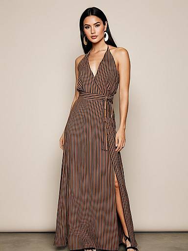 Elegant Woman Wearing Brown Striped Wrap Dress with Halter Neckline