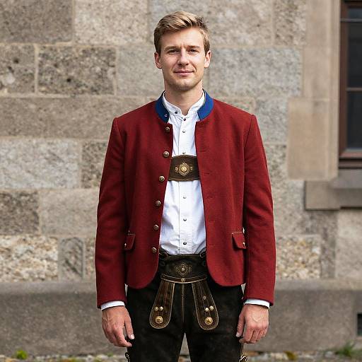 Man in Traditional German National Costume with Red and Blue Jacket