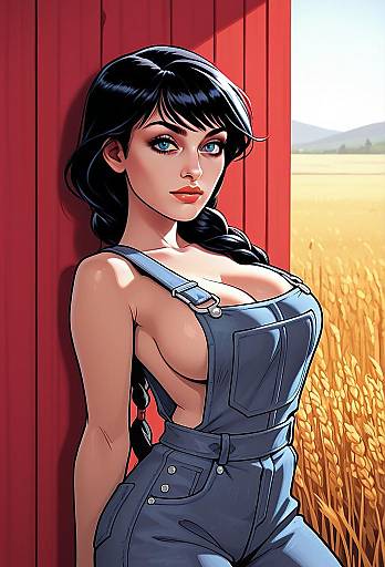 Stylized Digital Portrait of Woman in Denim Overalls by Red Barn and Wheat Field