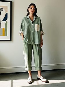 Woman Wearing Sage Green Relaxed Fit Shirt and Cuffed Trousers in Minimalist Interior