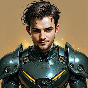 Young Man in Futuristic Black Armor with Orange Accents