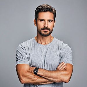 Confident Man with Beard in Gray T-Shirt
