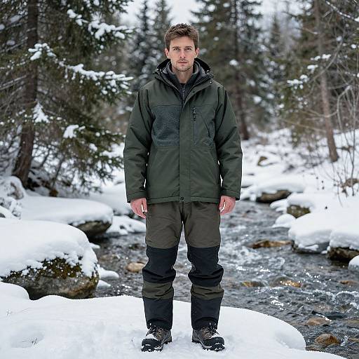 Man in Winter Outdoor Gear Standing Beside Snowy Stream in Forest