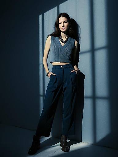 Casual Chic Woman Wearing Sleeveless Knit Top with V-Neck and Tailored Pants