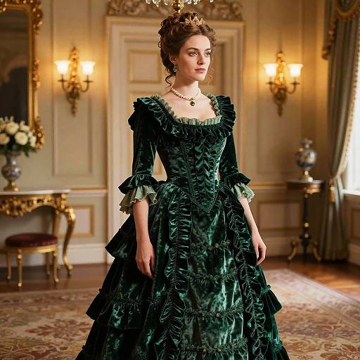 Elegant Woman in Emerald Green Velvet Victorian Dress with Crown