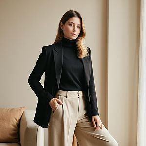 Confident Woman in Black Blazer and Beige Trousers Indoor Portrait