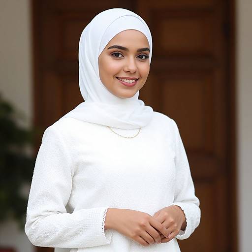 Portrait of Smiling Woman in White Hijab and Dress Standing Outdoors