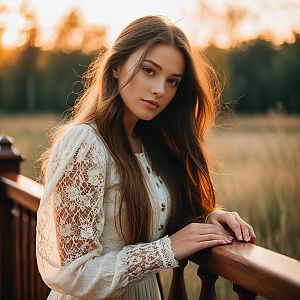 Young Woman in White Lace Dress at Sunset Outdoors
