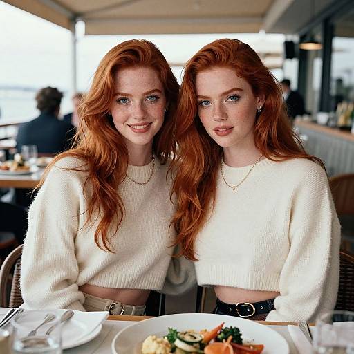 Two Red-Haired Women in Cream Sweaters Dining at Restaurant