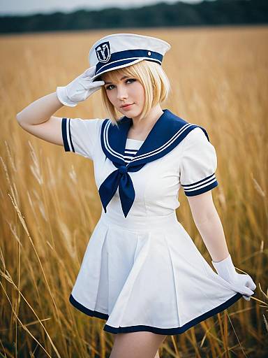 Young Woman in Sailor Uniform Posing in Wheat Field