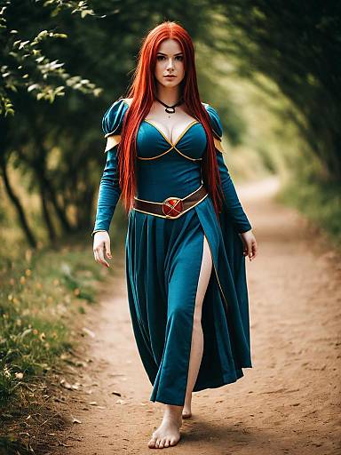 Woman in Medieval Blue Dress with Red Hair Walking Outdoors Morgiana Cosplay