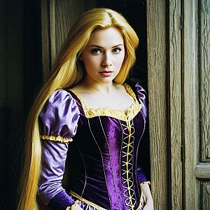 Blonde Woman in Purple Renaissance Dress by Wooden Door