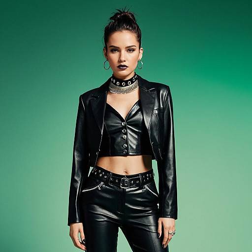 Edgy Chic Woman in Black Faux Leather Cropped Blazer and High Waisted Pants