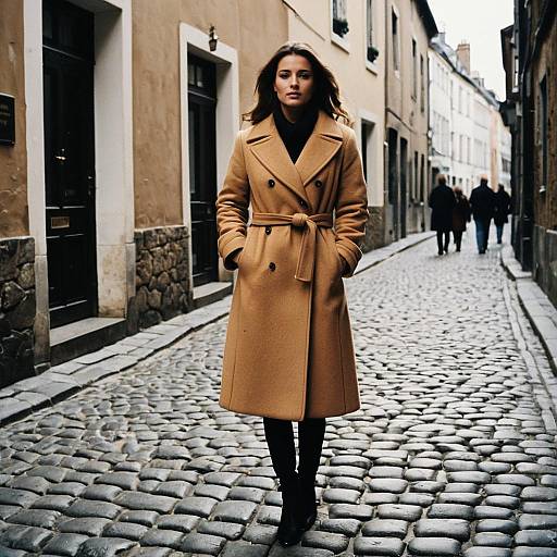 Woman Wearing Camel Hair Coat Walking on Cobblestone Street