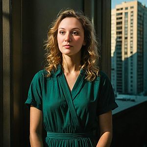 Thoughtful woman in green dress by window