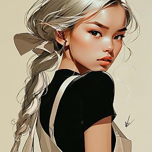 Digital Portrait of Woman with Braided Hair and Ribbon