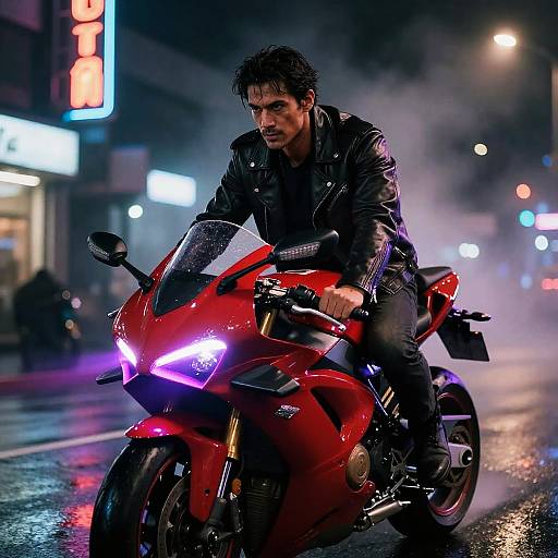 Man Riding Red Sport Motorcycle at Night in Urban Neon Setting