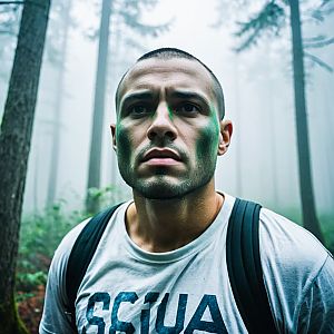 Determined Man in Camouflage in Misty Forest