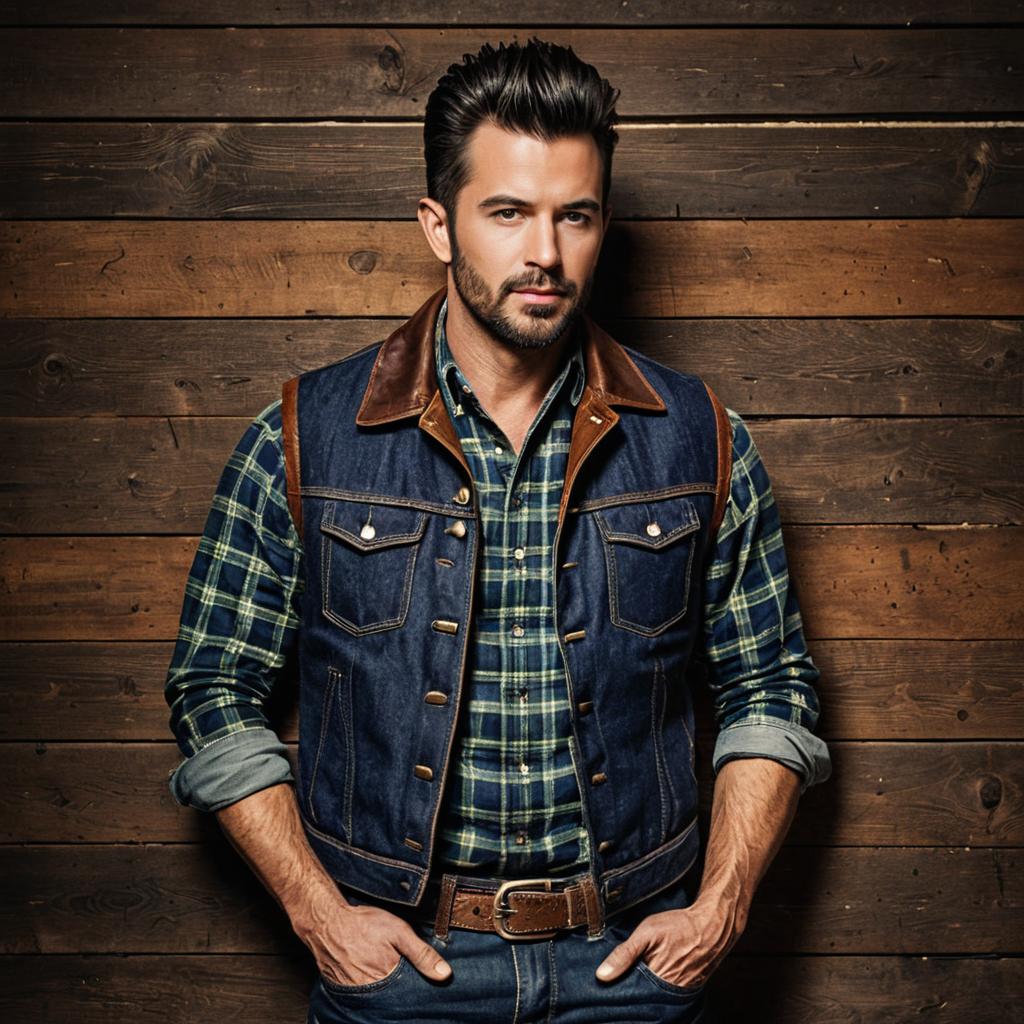 Stylish Man in Denim Vest and Plaid Shirt Posing by Wooden Wall