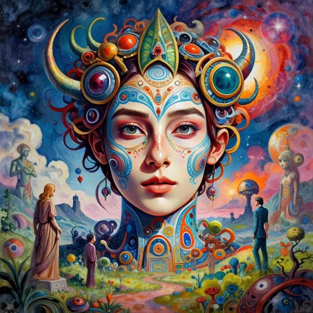 Surreal Fantasy Portrait of Woman with Cosmic Headdress in Dreamlike Landscape