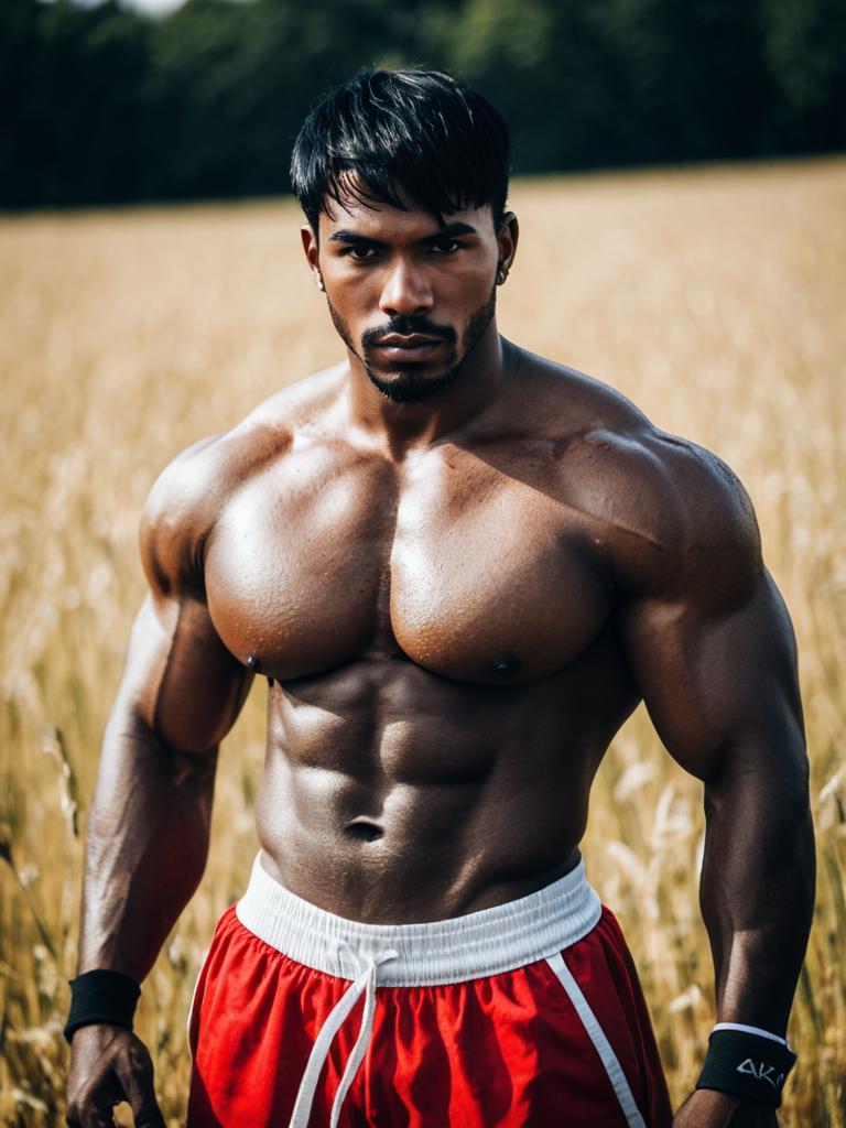 Muscular Man in Red Shorts Standing Outdoors in Field