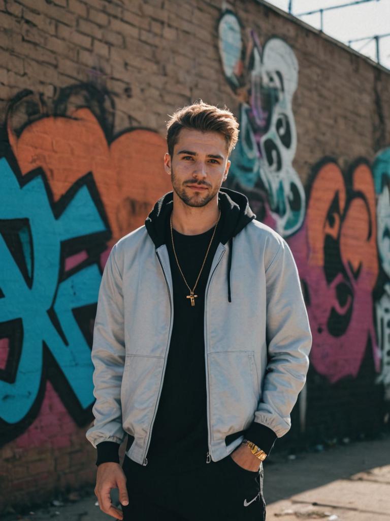 Confident man in front of vibrant graffiti wall with urban attire and gold chain