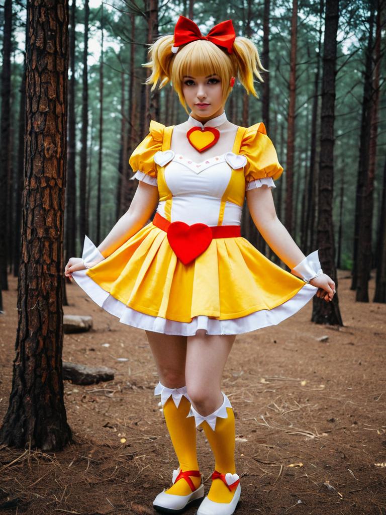 Magical Girl Cosplay in Yellow Dress with Heart Accents in Pine Forest