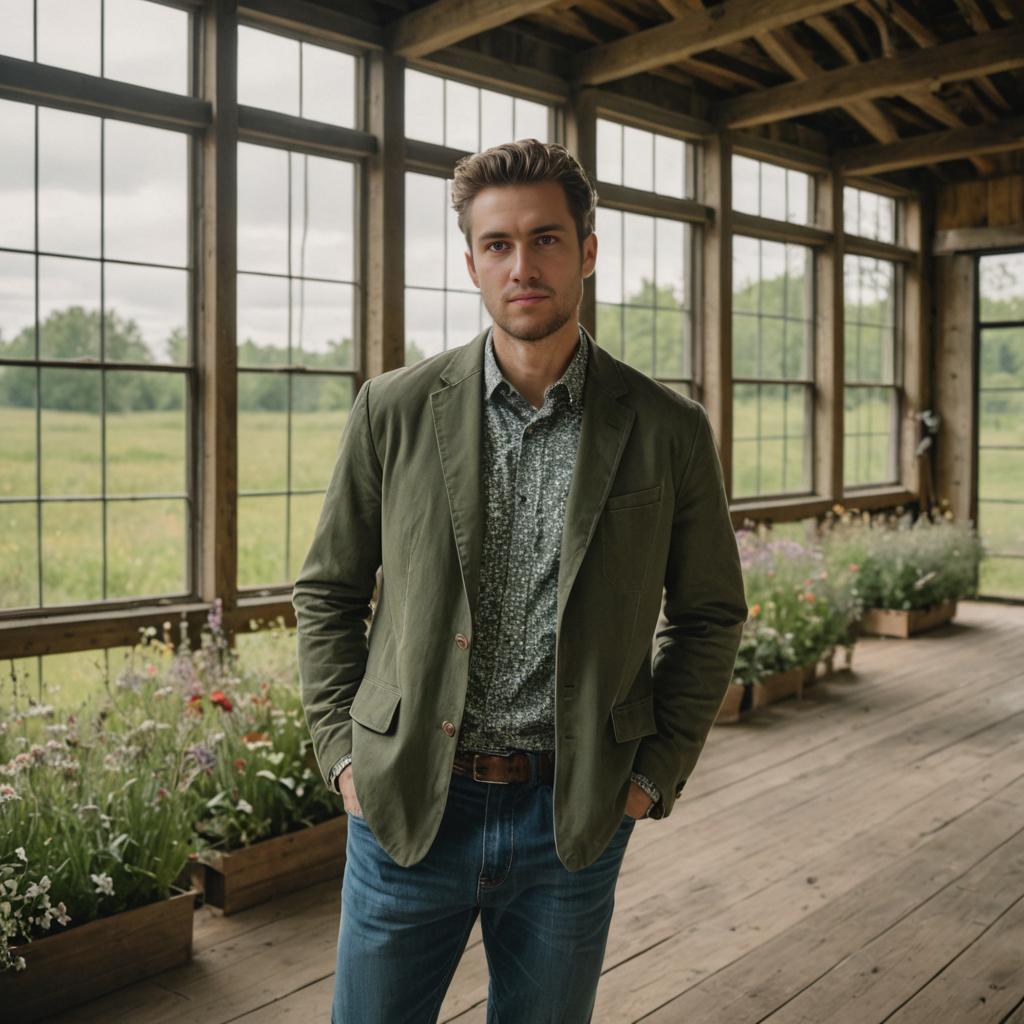 Stylish Man in Green Jacket in Rustic Interior