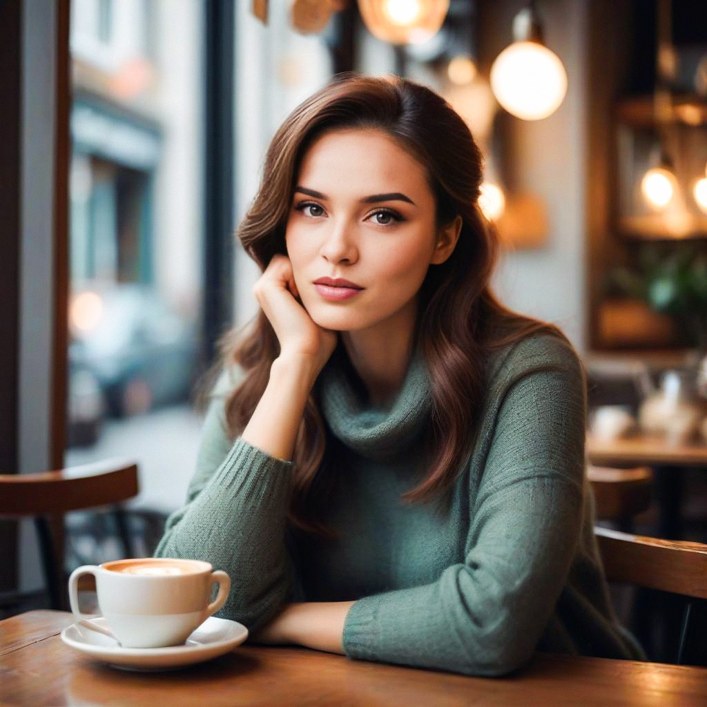 Woman in Green Sweater at Cozy Cafe Woman in Green Sweater at Cozy Cafe