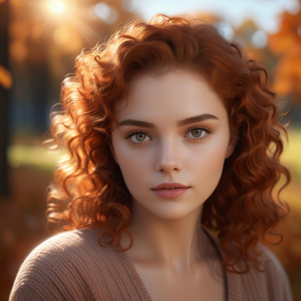 Young Woman with Curly Red Hair in Autumn Light