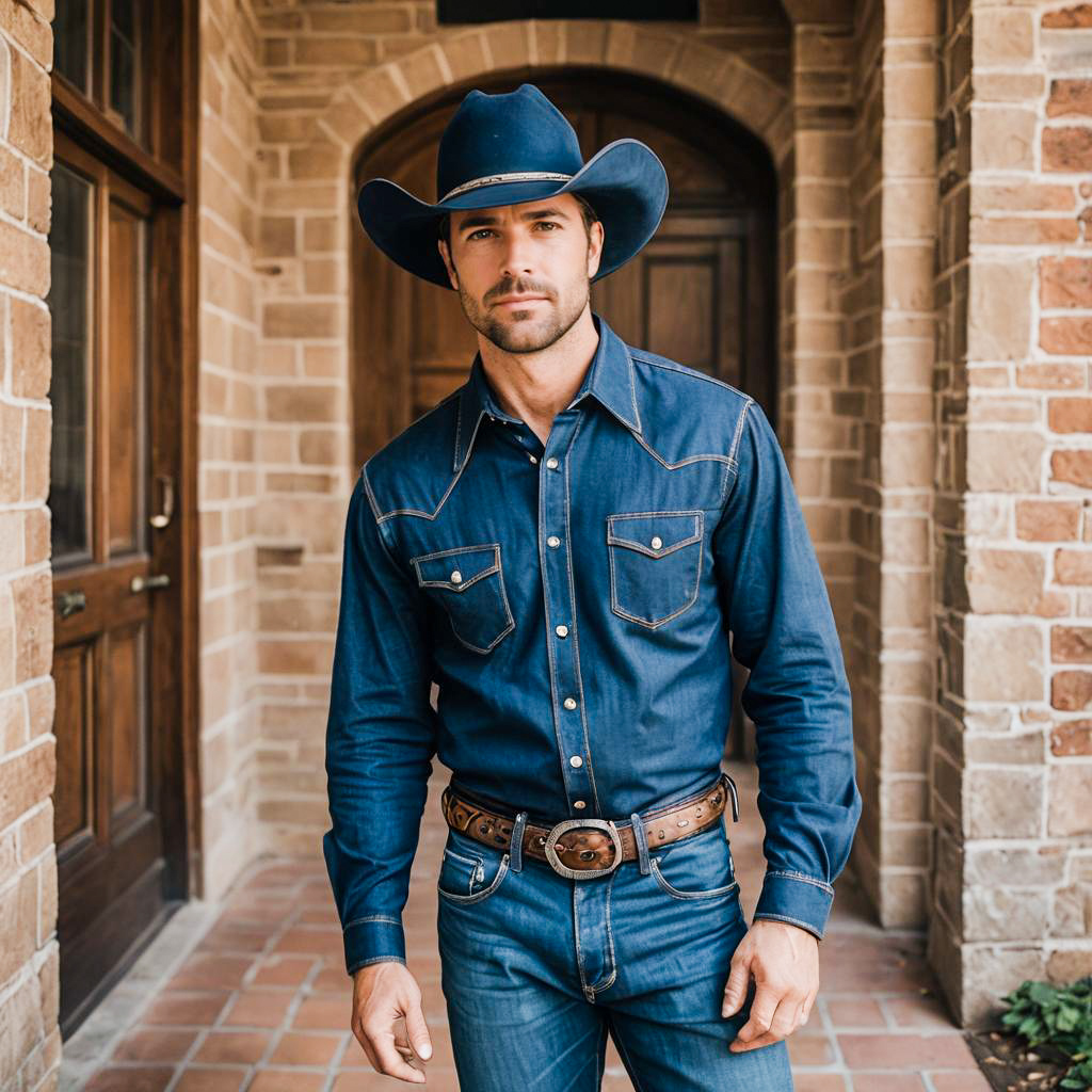 Man Wearing Blue Denim Cowboy Outfit with Hat in Rustic Stone Archway