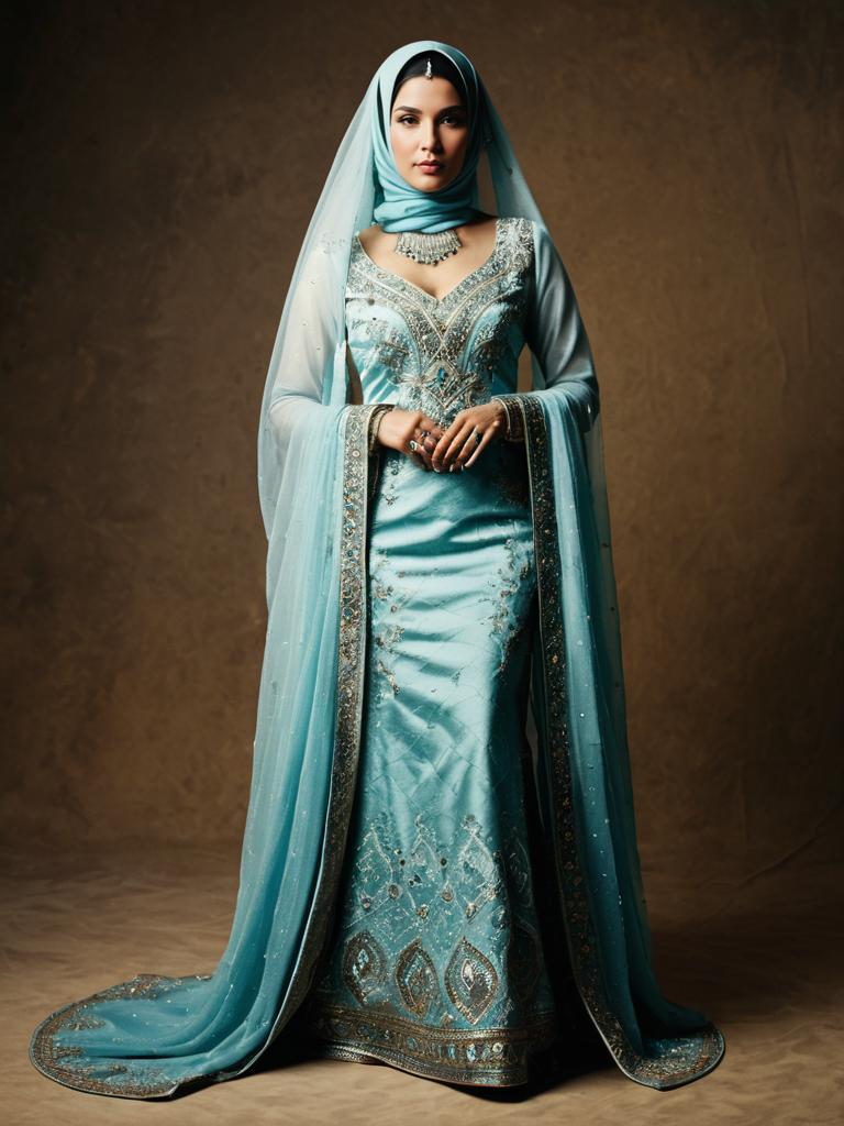 Elegant Woman in Traditional Arabian Dress with Veil Full Body Portrait