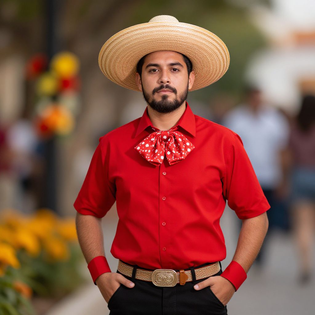 Traditional Mexican Charro Man in Red Shirt and Sombrero