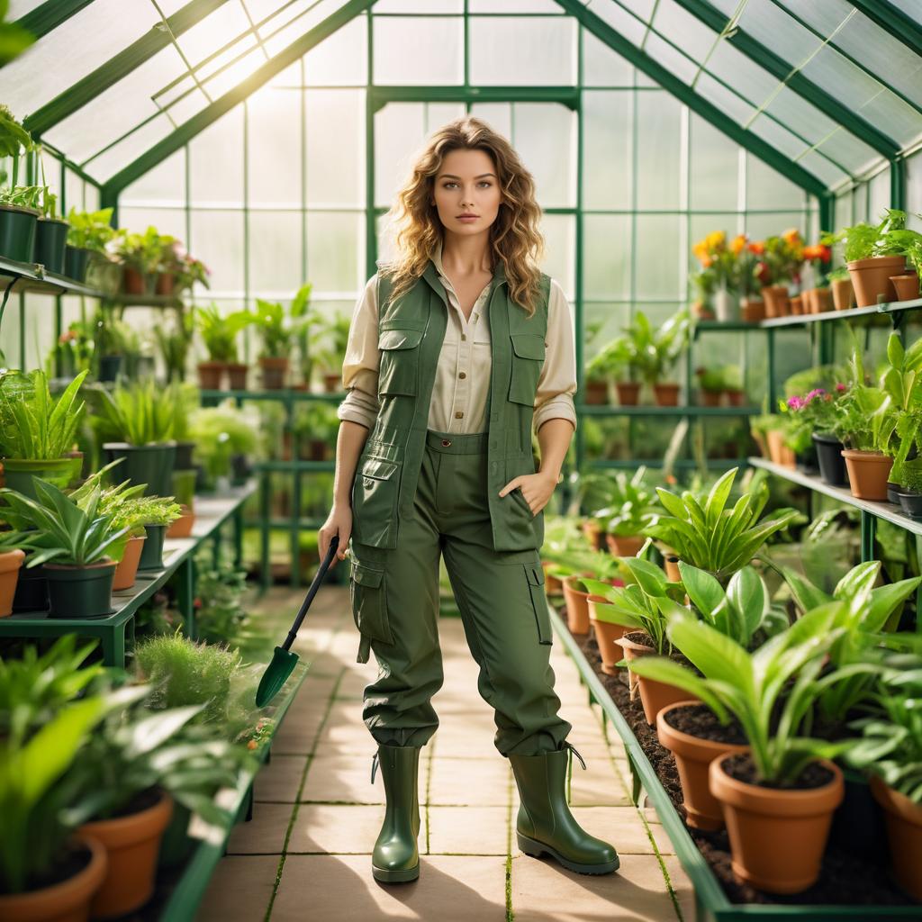 Confident Woman in Greenhouse with Gardening Tool