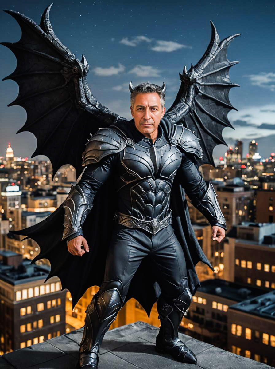 Gargoyle Man Costume with Wings at Night Skyline