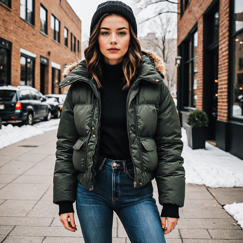 Stylish Woman in Green Puffer Jacket on Snowy Street