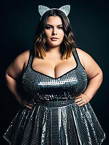Plus Size Woman in Shimmering Silver EDM Festival Outfit with Cat Ears Headband