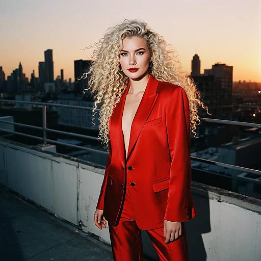 Confident Woman in Red Suit on Rooftop at Sunset