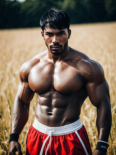Muscular Man in Red Shorts Standing Outdoors in Field