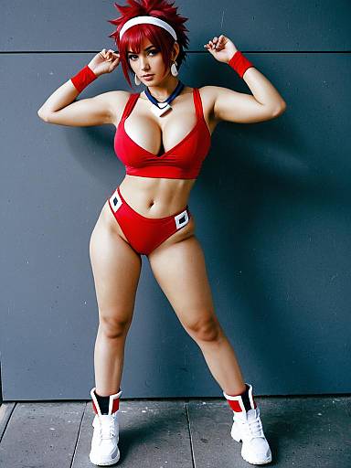 Kei Dirty Pair Cosplay Woman in Red Outfit with White Sneakers