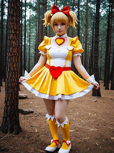 Magical Girl Cosplay in Yellow Dress with Heart Accents in Pine Forest