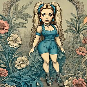 Vibrant young woman in blue outfit with floral backdrop
