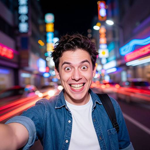 Excited Young Man Taking Selfie on Vibrant Neon-Lit City Street at Night