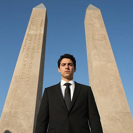 Man in Suit Standing Between Ancient Obelisks with Hieroglyphs