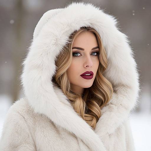 Elegant Woman in White Fur Hooded Coat Winter Portrait