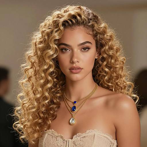Elegant Blonde Woman with Curly Hair and Gold Layered Necklaces