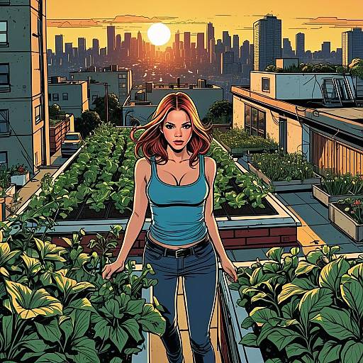 Urban Rooftop Garden Woman Sunset Cityscape Comic Style